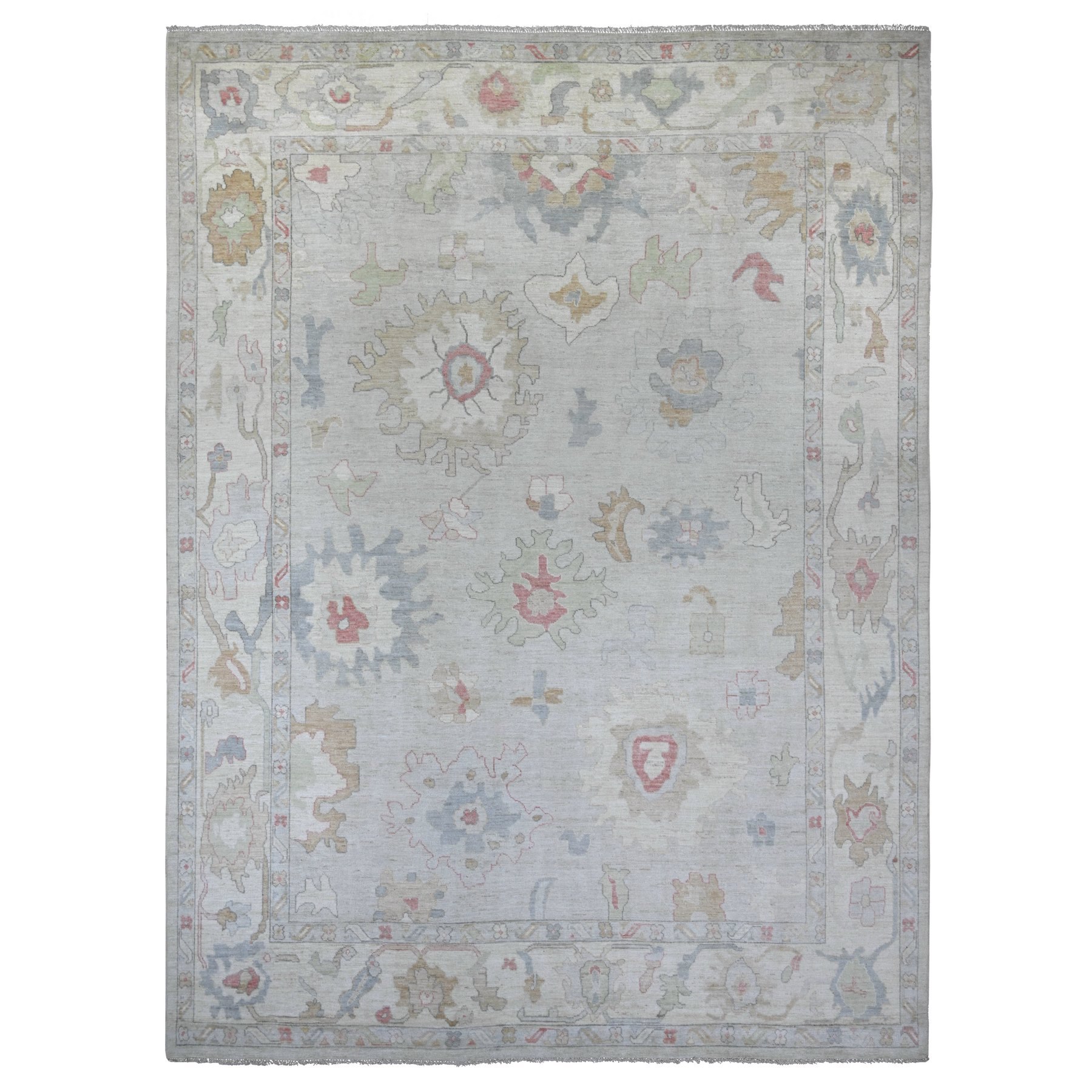 Misty Gray, Afghan Angora Oushak with All Over Leaf Design, Hand Knotted, 100% Wool, Vegetable Dyes, Oriental Rug